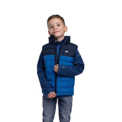 Trespass Kids Gilet Oskar in Navy, Hood detail on model
