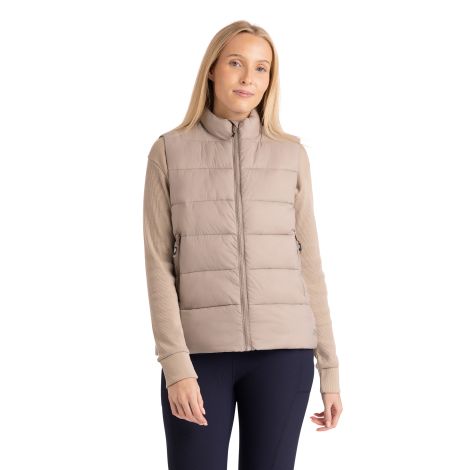 Womens Padded Gilet Simone in Sand, Hood detail on model