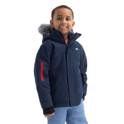 Boys Padded Rain Jacket Braddan in Navy, Front view on mannequin