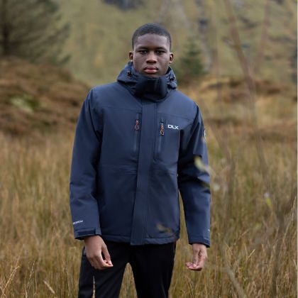 Mens Padded Waterproof Jacket Zip Off Hood Oswarm in Dark Flint, Front view on mannequin