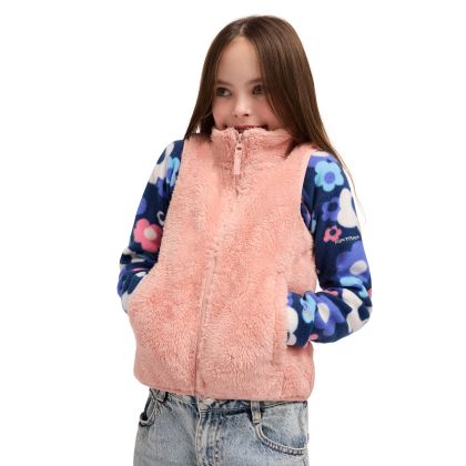 Kids Fleece Gilet Porru in Mid Rose, Front view on mannequin