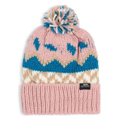 Trespass Kids' Knitted Hat Twiglet in Misty Rose / Bondi Blue, Hat at angled view
