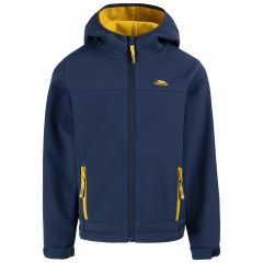 Trespass Kids Unisex Softshell Jacket Faster in Navy/sulphur, Front view on mannequin