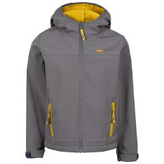 Kids Softshell Jacket Faster in STORM GREY_SULPHUR, Front view on mannequin