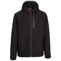 Trespass Mens Softshell Jacket Zip Pockets Chin Guard Marlon Black, Front view on mannequin