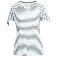 Penelope Women's Printed T-Shirt in Teal mist stripe bee print, Front view on mannequin