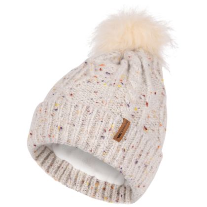 Trespass Womens Knitted Pom Pom Hat Agave in Beige, Hat at angled view