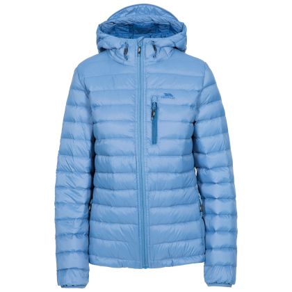 Trespass Womens Down Packaway Jacket with Hood Arabel Blue, Front view on mannequin