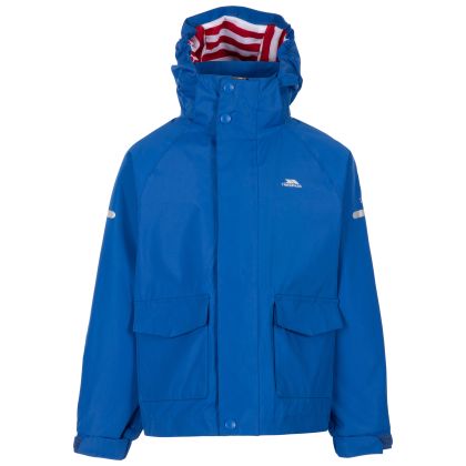Trespass Kids' Waterproof Jacket Bluster in BLUE, Front view on mannequin