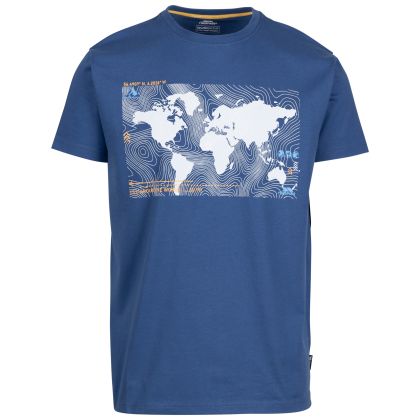 Mens Casual Printed T-Shirt Chera in Indigo, Front view on mannequin