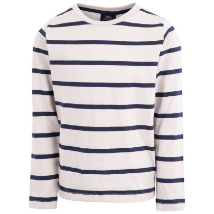 Kids Long Sleeve Top Clint in Pale grey navy stripe, Front view on mannequin