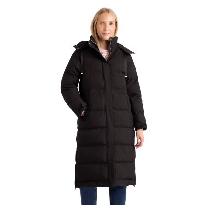 Womens Long Length Rain Jacket Colter in Black, Front view on mannequin