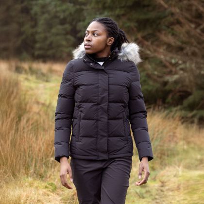 Women's DLX Down Jacket Composed in BLACK, Front view on mannequin