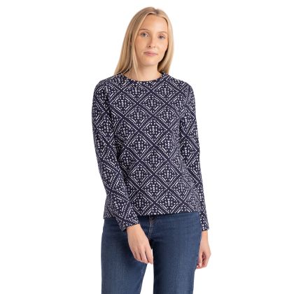 Womens Long Sleeve Top Daniela in Navy Print, Front view on mannequin