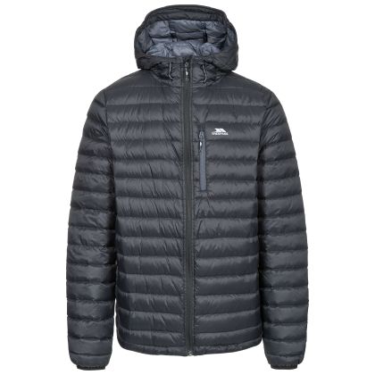 Trespass Mens Down Packaway Jacket Digby in BLACK / FLINT, Front view on mannequin