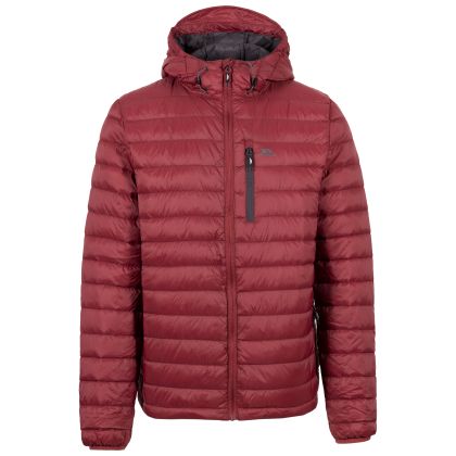 Trespass Men's Down Packaway Jacket in Burgundy and Dark Grey Digby, Front view on mannequin