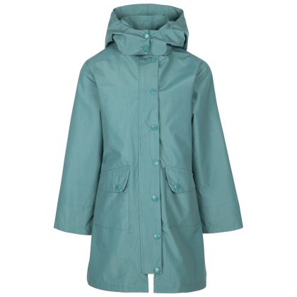 Trespass Girls' Waterproof Jacket Drizzling in Spruce green, Front view on mannequin