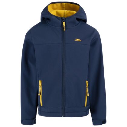 Trespass Kids Unisex Softshell Jacket Faster in Navy/sulphur, Front view on mannequin