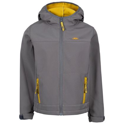 Kids Softshell Jacket Faster in STORM GREY_SULPHUR, Front view on mannequin