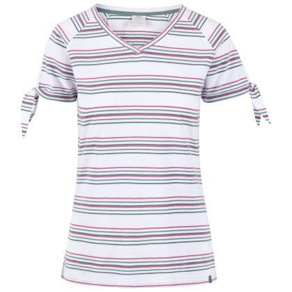 Fernie Women's V-Neck T-Shirt in Multi stripe print, Front view on mannequin