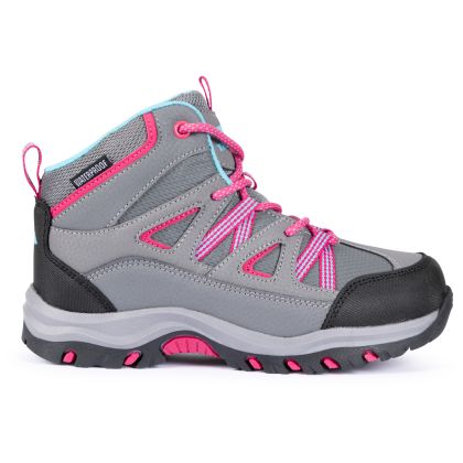 Trespass Kids Walking Boots Waterproof Mid Cut Gillon II in GREY, Front view of footwear