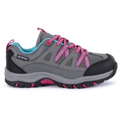 Trespass Kids Walking Shoes Waterproof Low Cut Gillon II in GREY, Front view of footwear