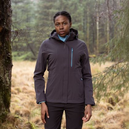 Womens DLX  Waterproof Jacket Katya in Dark Grey, Front view on mannequin