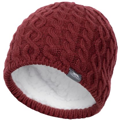 Women s Knitted Beanie Hat Kendra in DARK CHERRY, Hat at angled view