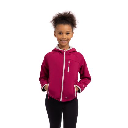 Trespass Kids' Softshell Jacket Kian in BERRY, Front view on mannequin