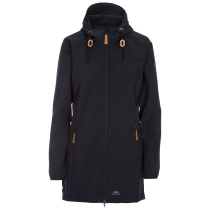 Trepass Womens Softshell Jacket Long Hooded Kristy in Black, Front view on mannequin