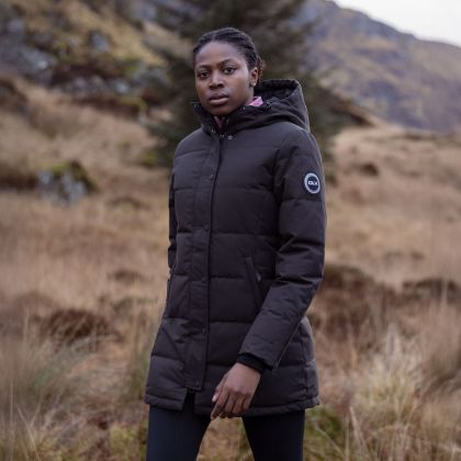 DLX Womens Long Down Jacket Lainey in Black, Front view on mannequin