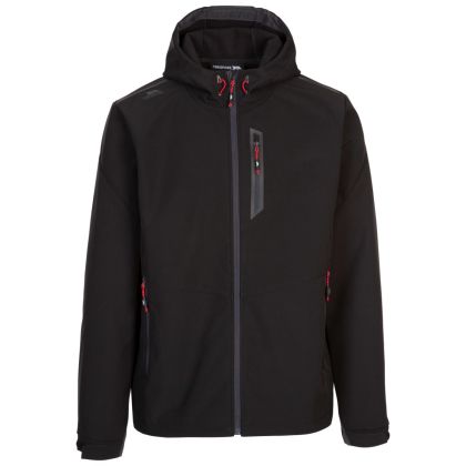 Trespass Mens Softshell Jacket Zip Pockets Chin Guard Marlon Black, Front view on mannequin