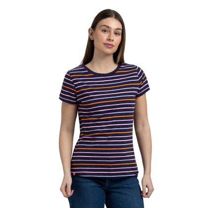 Womens Round Neck Casual Top Michaela in Navy Multi Stripe, Front view on mannequin