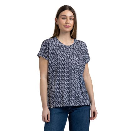 Womens Round Neck Casual T-Shirt Morgana In Navy Print, Front view on mannequin