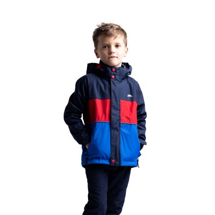 Trespass Kids' Waterproof Jacket Ocean in NAVY, Front view on mannequin