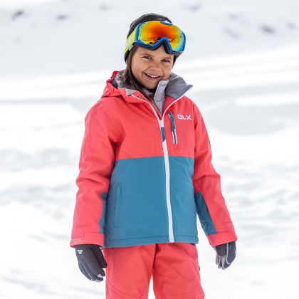 Kids Ski Jacket Pauline in PEACH BLUSH_ STORM BLUE, Front view on mannequin