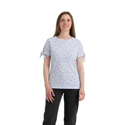 Penelope Womens Printed T-Shirt in Cool Blue Stripe Bee Print, Front view on mannequin