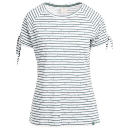 Penelope Women's Printed T-Shirt in Teal mist stripe bee print, Front view on mannequin