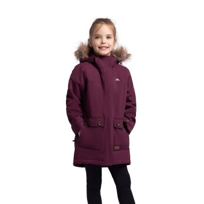 Trespass Girls Waterproof Jacket Rhoda in Fig, Front view on mannequin