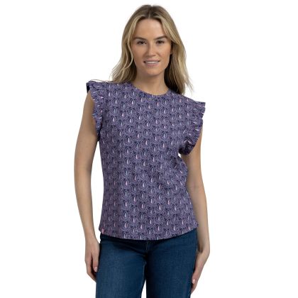 Womens Printed Jersey Top Salma In Navy Print, Front view on mannequin