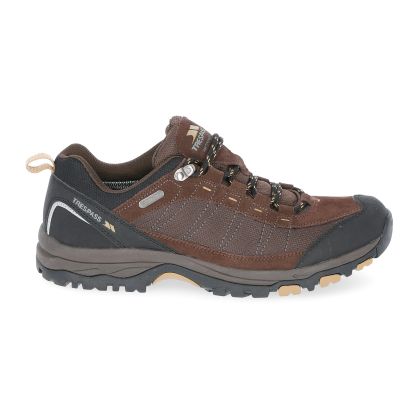 Trespass Mens Walking Shoes Scarp B in Dark Brown, Angled view of footwear