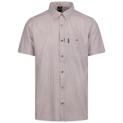 Trespass Mens Casual Woven Shirt Slapton Stripe in Oatmilk, Front view on mannequin
