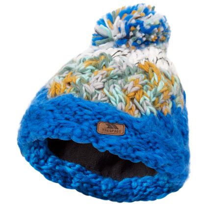Kids Knitted Hat Sprig in BLUE, Hat at angled view