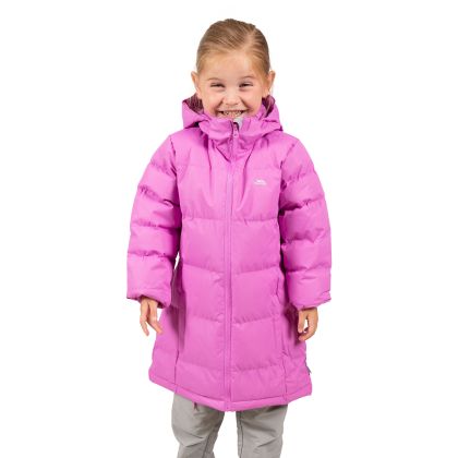 Trespass Girls Padded Jacket with Hood Tiffy Deep Pink, Front view on mannequin