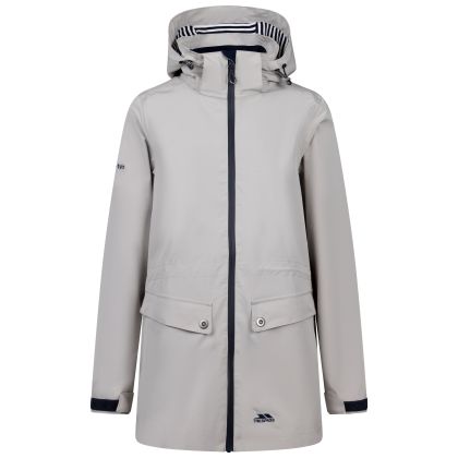 Womens Hooded Waterproof Jacket Tiverton In Soft Stone, Front view on mannequin