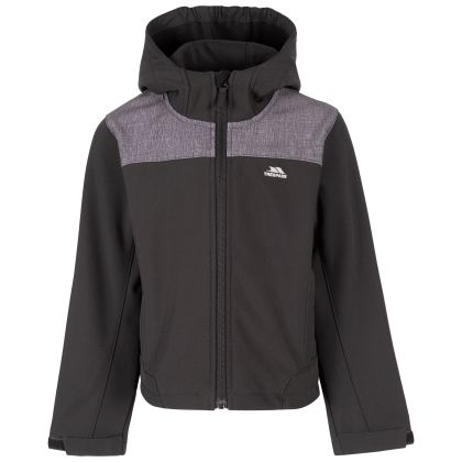 Trespass Kid's Softshell Jacket Trusty in BLACK, Front view on mannequin
