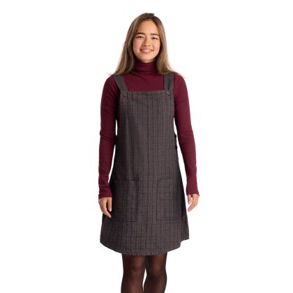 Twirl Womens Pinafore Dress in Dark Grey Check, Front view on mannequin
