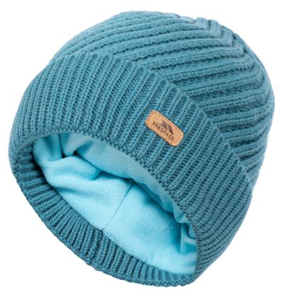 Women s Knitted Beanie Twisted in STORM BLUE, Hat at angled view