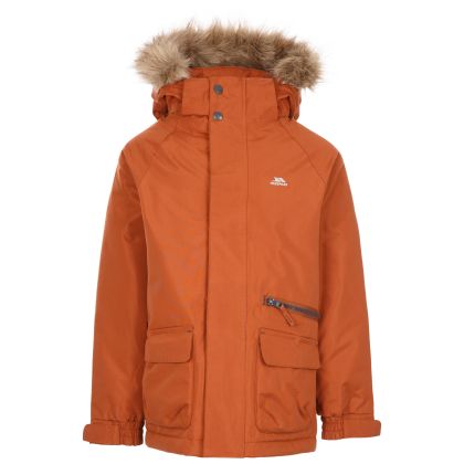Trespass Kids Waterproof Parka Jacket Upbeat in RUST, Front view on mannequin