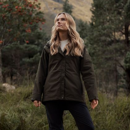 Womens Padded Rainwear Jacket Carlotta in Dark Vine, Front view on mannequin